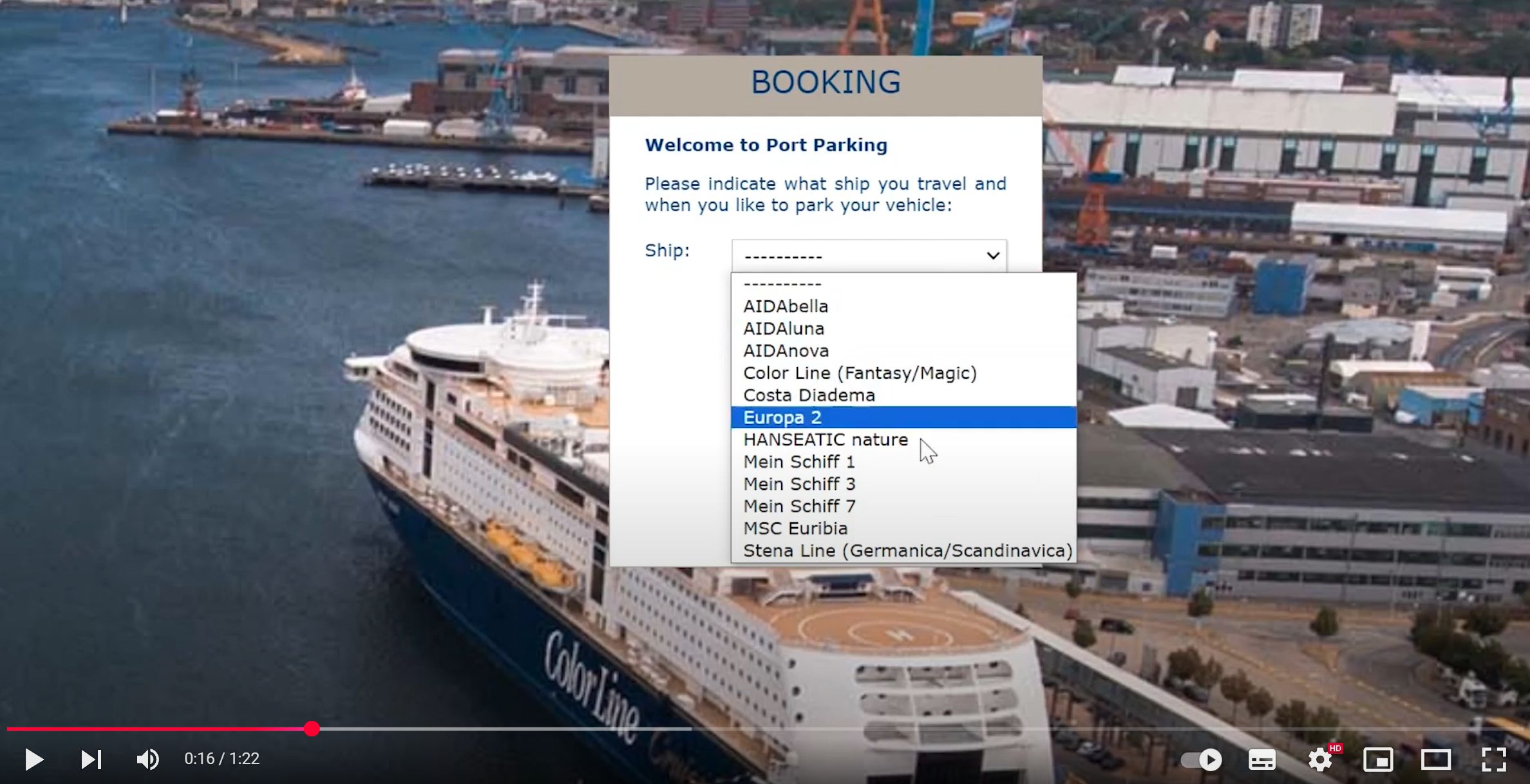 This image shows a screenshot of the Port Parking video, in which you can watch the entire booking process.