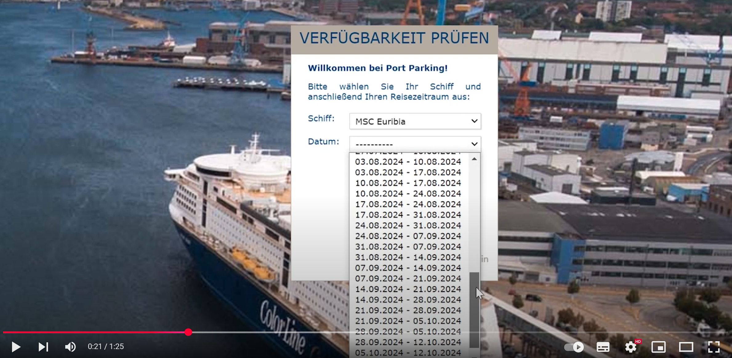 Dieses Bild zeigt einen Screenshot vom Port Parking-Video, in dem man den gesamten Buchungsprozess anschauen kann.